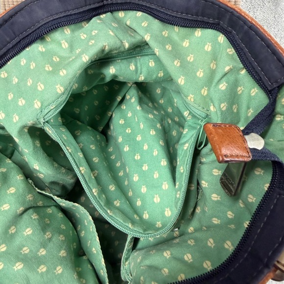 Fossil Quilted Tote Bag Navy Blue Leather Trim Floral Accent Key Charm - Picture 9 of 14